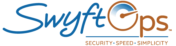 Orange and blue SwyftOps home care business software logo with "security, speed, simplicity" in orange letters underneath
